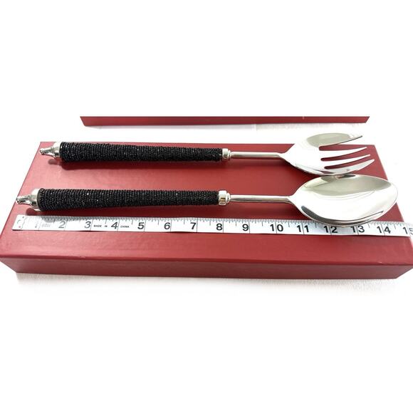 Pottery Barn Bronze Seed Bead Long Serving Spoon & Fork Set in Box 14” India - Picture 4 of 7